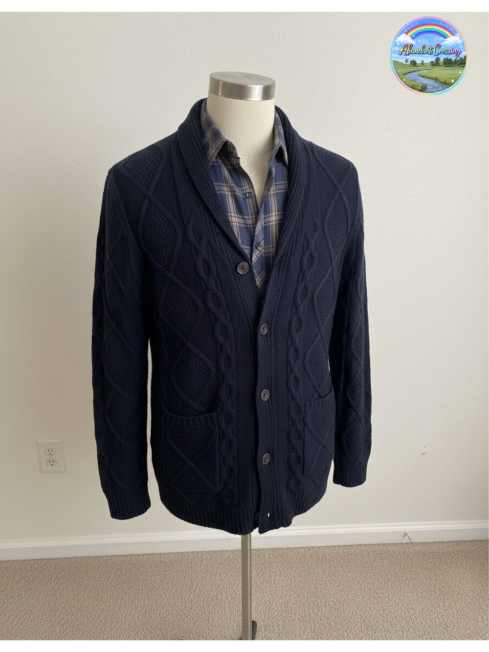 Mens Shawl Collar Cardigan Sweater Slim Fit Button Down Cable Knit with Pockets